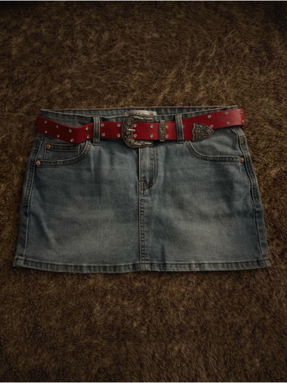 Madden Girl Blue Denim Mini Skirt with Red Studded Belt